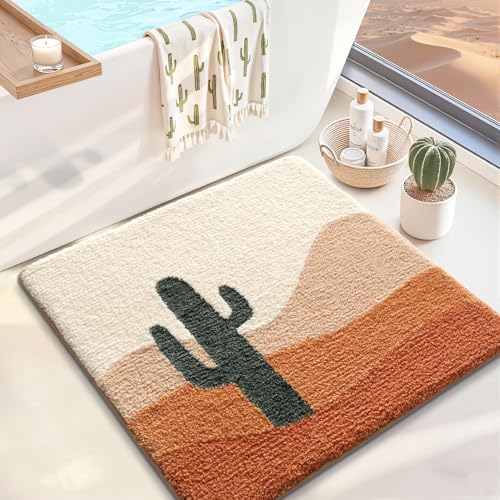 LUMI Bath Mat Rug 32'x32', Plush Non-Slip Absorbent Bathroom Mat, Ultra Soft Washable Shower Rugs, Luxury Plant Square Shaped Carpet for Floor, Bathtub, Home Decor, Cactus