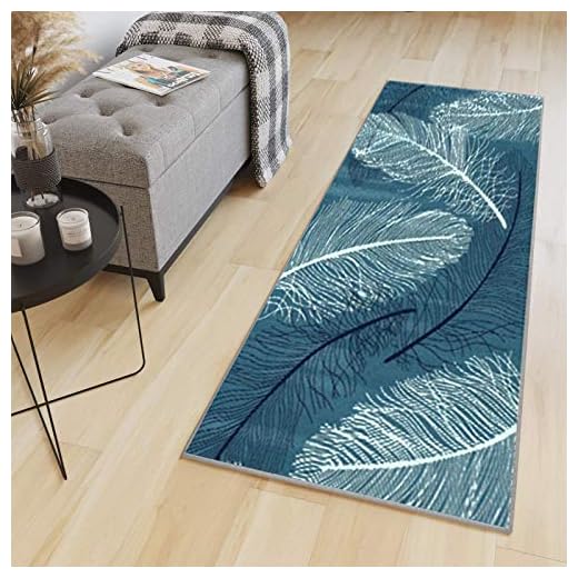 HaiTaoSy Tapis de Couloir Long Pas Cher 60 x 100cm, Tapis Cuisine Antidérapant et Lavable (sur Mesure & 10 Designs), Bleu, Motif Plume