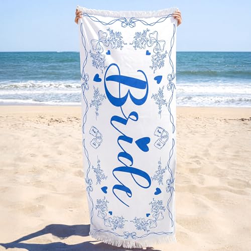 Hahafelt Bride Fringe Beach Towel with Tassel Bachelorette Decor Something Blue Before I Do Bridal Shower Bridesmaid Party Favor for Engagement Bride to Be Newlywed Honeymoon Wedding Gift(Blue)