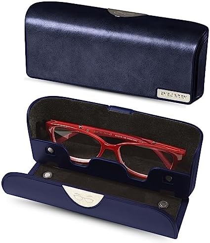 EYECARRY Deep Navy Eyeglasses Case, Soft Vegan Leather Glasses Holder, Patented Open Face Design For Easy One-Handed Access, Hard Shell Case For Men or Women Sunglasses, Reading Glasses & More