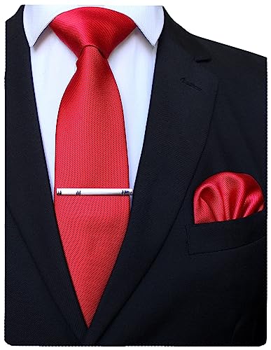 Jemygins Red Formal Necktie And Pocket Square, Hankerchief And Tie Bar Clip Sets For Men #TOP16