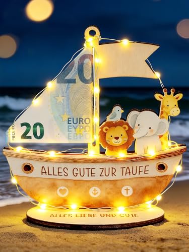 Taufgeschenke für Mädchen Jungen Geldgeschenk Taufe mit LED Lichterkette Holz Arche Geschenk Taufe Patenkind Sinnvolle Geschenke zur Taufe
