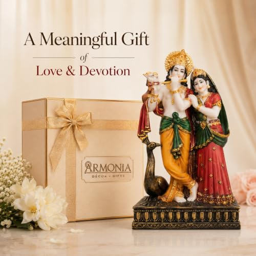 Image of ARMONIA Radha Krishna Murti 11 Inch | Premium Marble Dust Radha Krishna Idol with Peacock for Mandir, Home Decor & Office Desk | Radhakrishna Statue Spiritual Gift for Diwali, Wedding & Housewarming