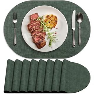 BIPASION Oval Placemats Set of 8 for Dining Table Heat-Resistant - Waterproof, Anti-Slip, Washable Table Placemats - Premium Leather PlaceMat as Stylish Home Decor, Dark Green