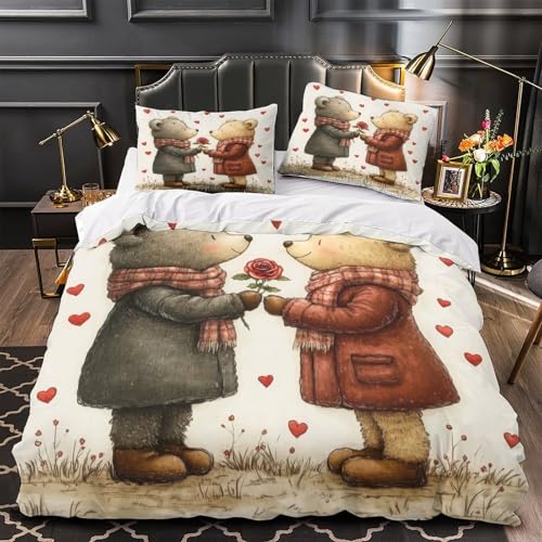 Ours Couple Love Ensemble De Literie Microfibre Hypoallergique 3D Imprimée 3 Pièces Taie Ultra Douce illustrated Romantic Parure de Lit Léger Entretien...
