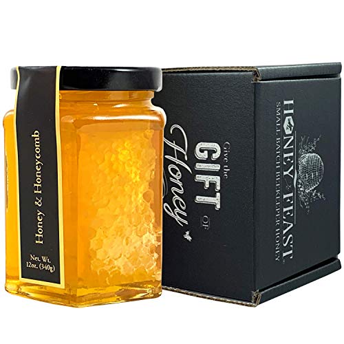 HONEY FEAST Raw honeycomb with honey | from American Organic floral sources | Unfiltered & Pure | Cold Packed and hand poured | 12 Ounces 637813393892