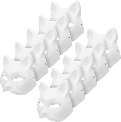 Apettoey 10 máscaras de gato Therian, máscaras de gato blanco para pintar animales en blanco, máscaras blancas de bricolaje, máscaras blancas para