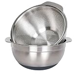 304 Stainless Steel Colander and Strainer, 5QT Large Capacity and 6QT Mixing Bowl, Micropore for Washing Rice, Fruit, and Cooked Pasta, Perfect Draining for Grain and Bean