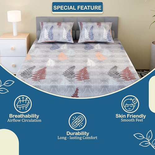 Image of Kuber Industries Cotton 150 TC Double Bedsheet With 2 Pillow Covers | Machine Washable Soft Bedsheet For Living Room, Home & Hotels | Leaf Fitted Print - Grey