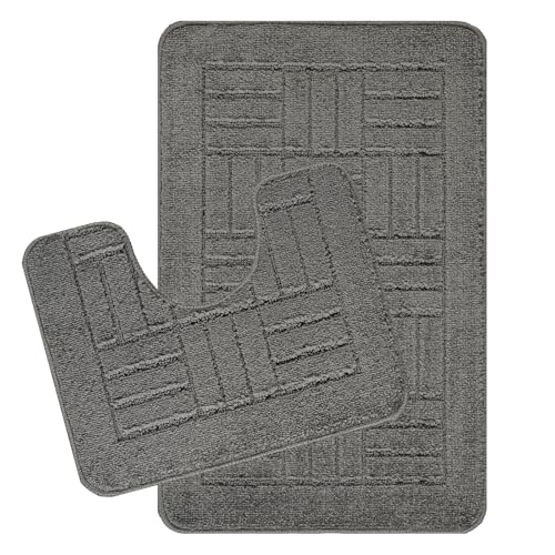 Livabliss Bath Mat Set - Bathroom Mats Sets 2 Piece, Washable Non Slip Bath and Toilet Mat Set - Bathroom Accessories with Absorbent Bathmat Rug, Shower and Co-ordinating Pedestal Carpet, Grey