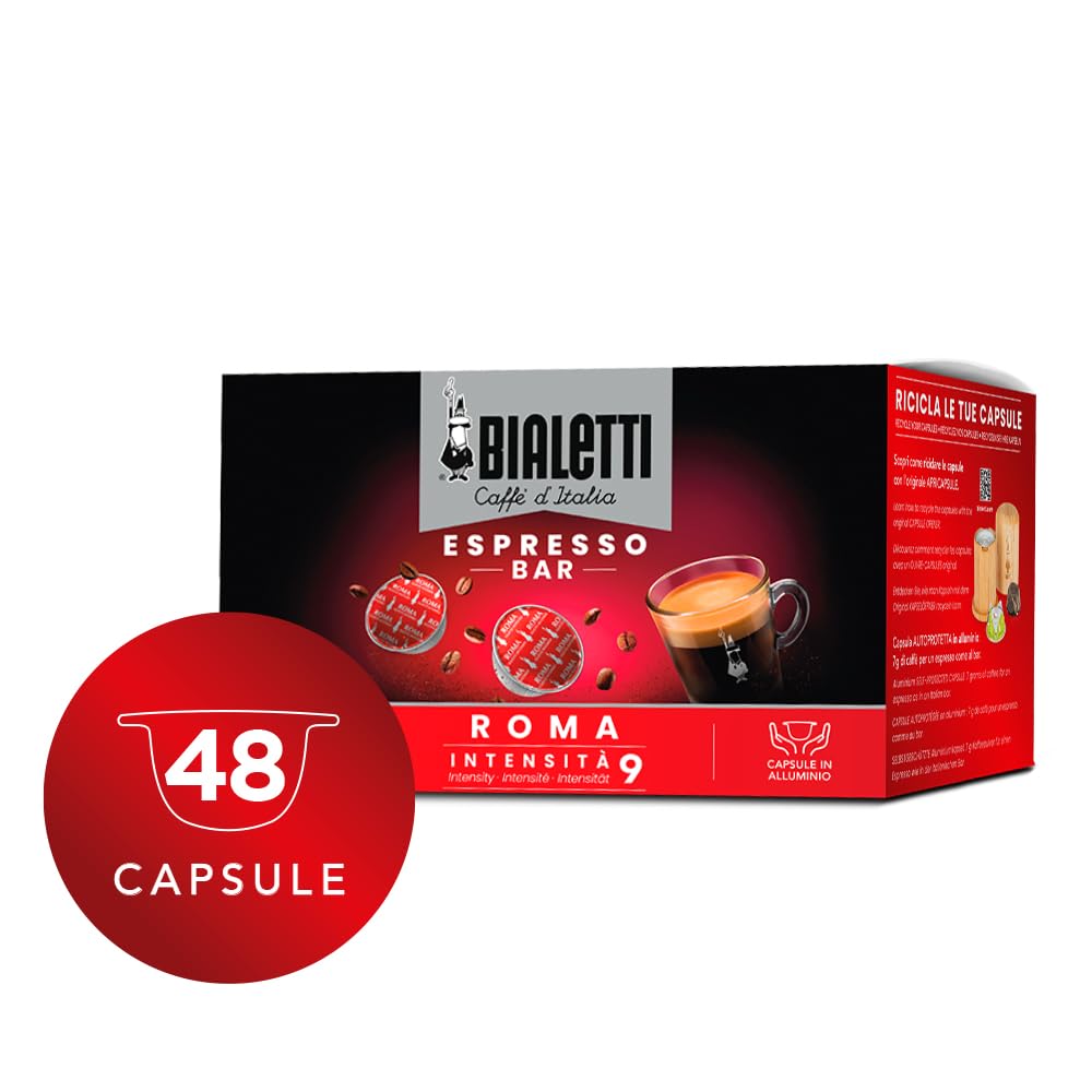 Bialetti Caffè d'Italia, Box 48 Capsule, Roma, Intensità 9, Compatibili con Macchine Bialetti sistema chiuso, 100% Alluminio