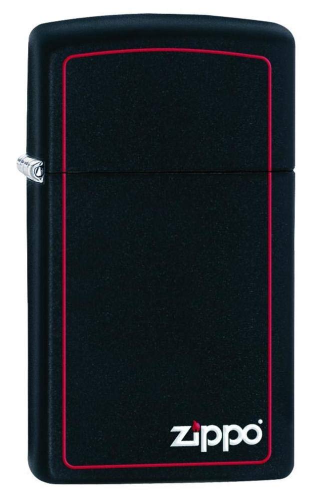 Windproof Lighter - Slim Black Matte - Red Border with Logo - Colour Image - Refillable - Reusable - Gift Box - Metal - Made in USA