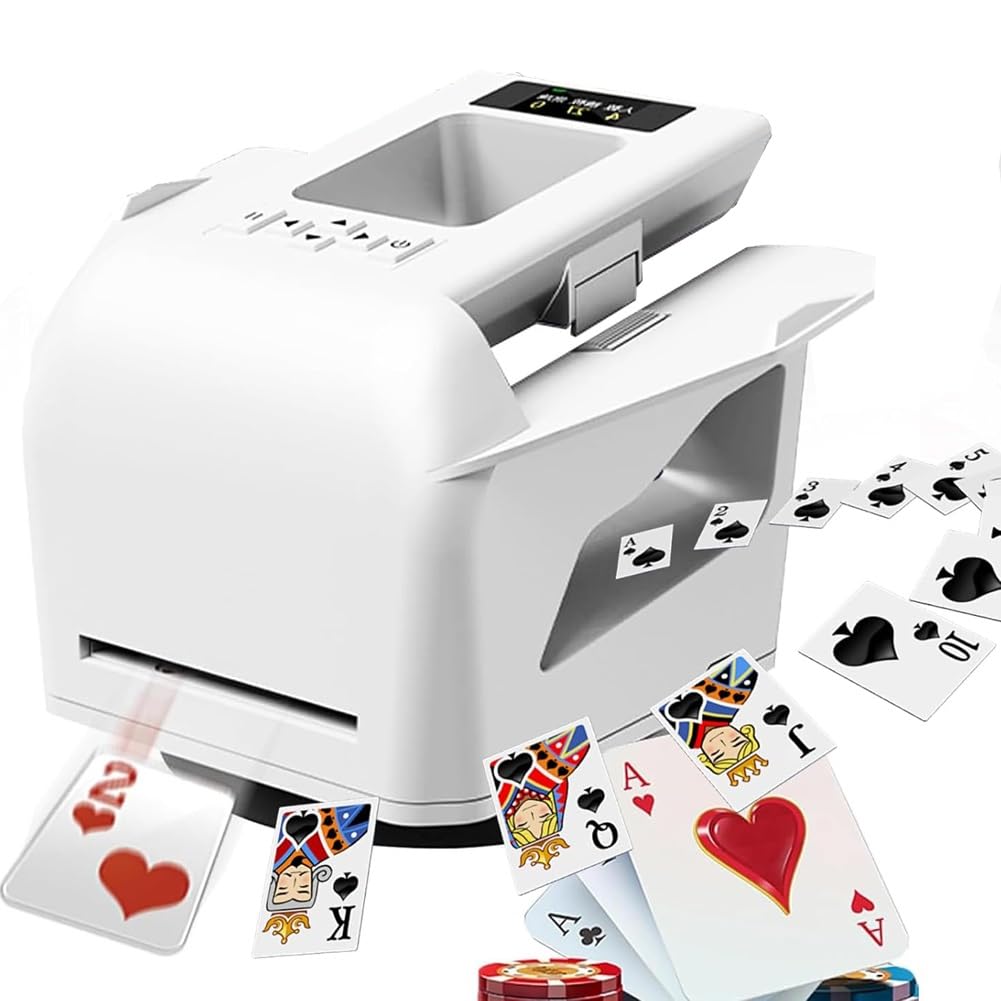 KJZQXYX Automatic Card Shuffler and Dealer, 360 Degrees Rotating Card Shuffler Machine, with OLED Display, for Blackjack, Texas Hold'em (White)