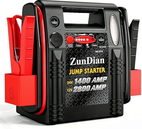 12V/24V Jump Starter - ZunDian 2800/1400 Amp Heavy Duty Battery Booster Pack, Portable Emergency Power for Cars, Trucks, SUVs, Tractors, Jump Box with USB/DC Power Unit