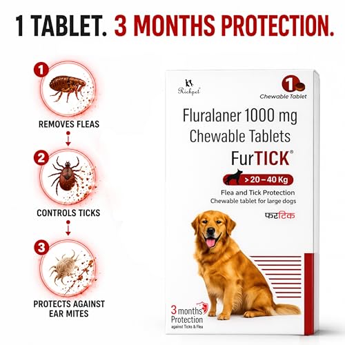 Image of Furtick Tick Chewable Tablet for Dogs (20-40 kg) | Fluralaner 1000 Mg | 3 Month Tick Flea & Mite Protection