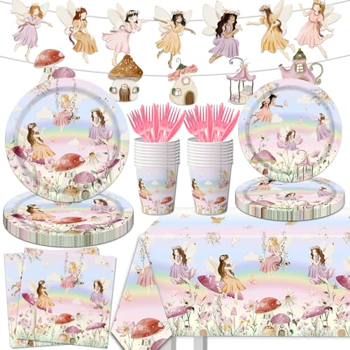Fairy Party Decorations Tableware, 142pcs Fairy Birthday Party Decorations Plates and Napkins Cups...