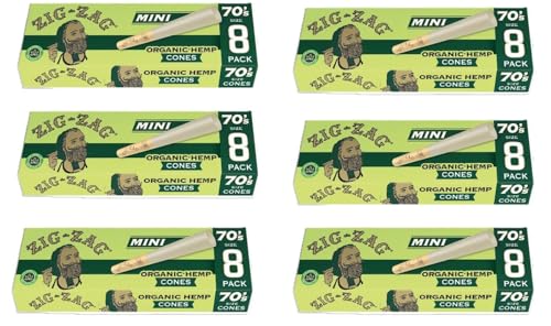 Zig-Zag Organic Hemp Mini Pre Rolled Cones - 70mm 6 Pack Bundle (8 Cone per Pack 48 Total)