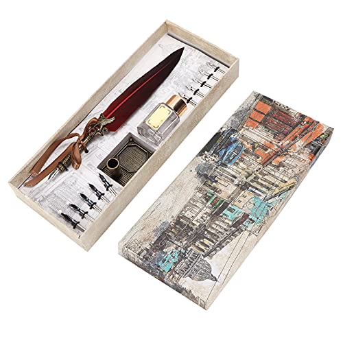 Juego de bolígrafos, traje de escritura, regalo de bolígrafo tallado con tinta creativa vintage, bolígrafo retro con 10 puntas y botella de tinta vacía, elegante juego de (vino tinto)
