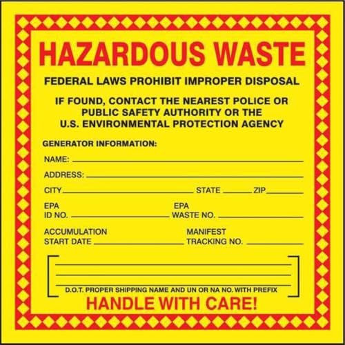 Accuform Hazardous Waste Adhesive Coated Paper Label, Pack of 25, Legend Hazardous Waste - Federal Laws PROHIBIT Improper Disposal...Handle with Care, 6" x 6", Red/Black/Yellow, MHZW20PSP