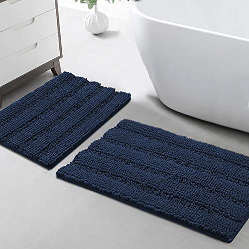Chenille Bathroom Rugs Set Non-Slip Bath Mats For Bathroom Extra Soft And Absorbent Shaggy Bath Mats For Bathroom Floor Indoor Mat For Kitchen/Entryway (Standard: 20" X 32" And 17" X 24"), Navy #TOP15