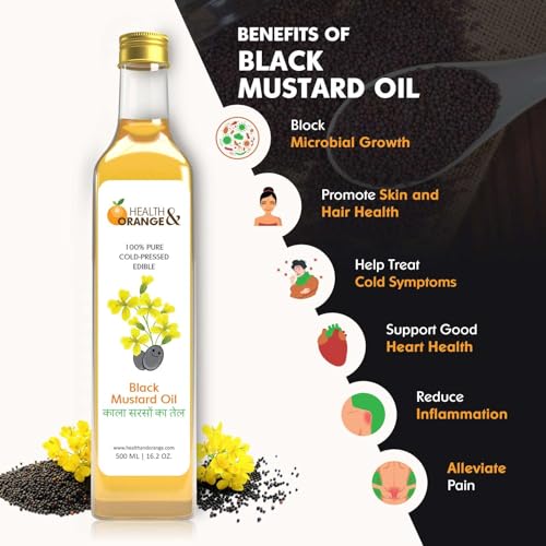 Image of H&O Black Mustard Oil - 100% Pure Cold Pressed Edible Kaali Sarson Ka Tel - 500 Ml Glass Bottle