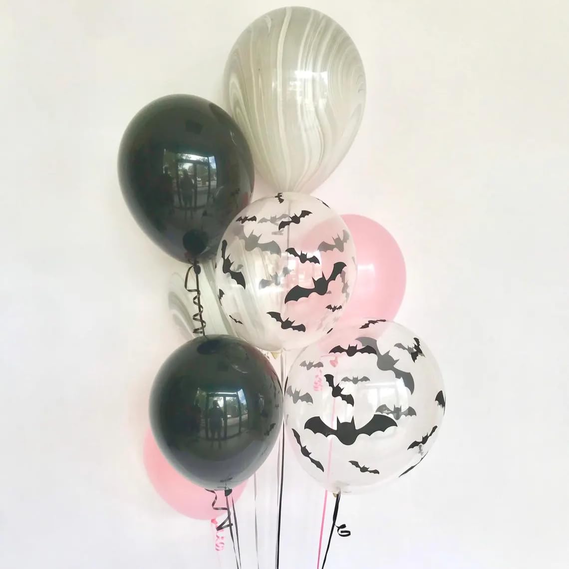 HILAVO Pink Halloween Balloons, Pastel Pink and Black Bat Marble Party Balloons for Girly Halloween Birthday Baby Shower Spooky BooDay Wedding Party Backdrop Decorations