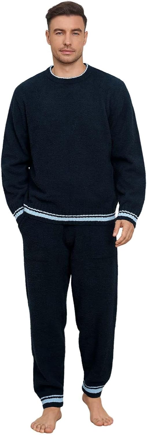 Mens Winter Pajamas Set Soft Warm Round Collar Long Sleeve Sleepwear Comfy Loungewear Pjs with Pockets