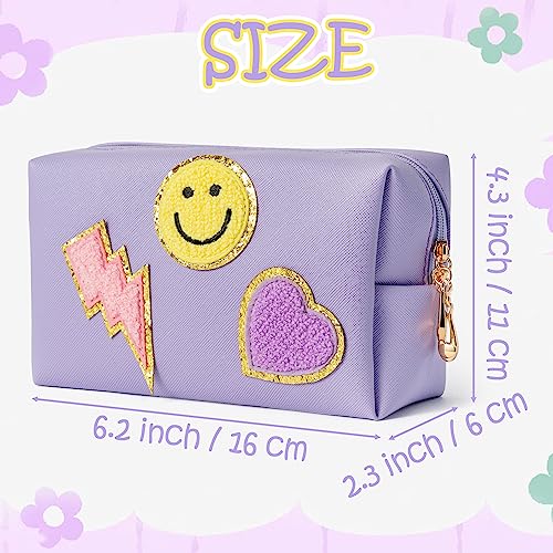 LieToi Preppy Patch Small Toiletry Bag, Smile Lightning Heart PU Leather Portable Waterproof Makeup Cosmetic Bag Daily Use Storage Purse Travel Organizer Compliant Bag for Women Girls (Taro Purple)2