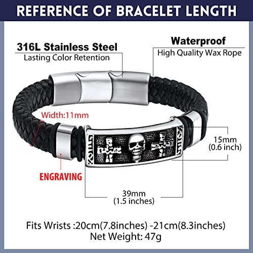 Bandmax Black Leather Skull Charm Bracelet For Men Women Leather Cuff Wristband Skeleton Cross Braided Leather Bracelet For Husband Father Boyfriend #TOP5