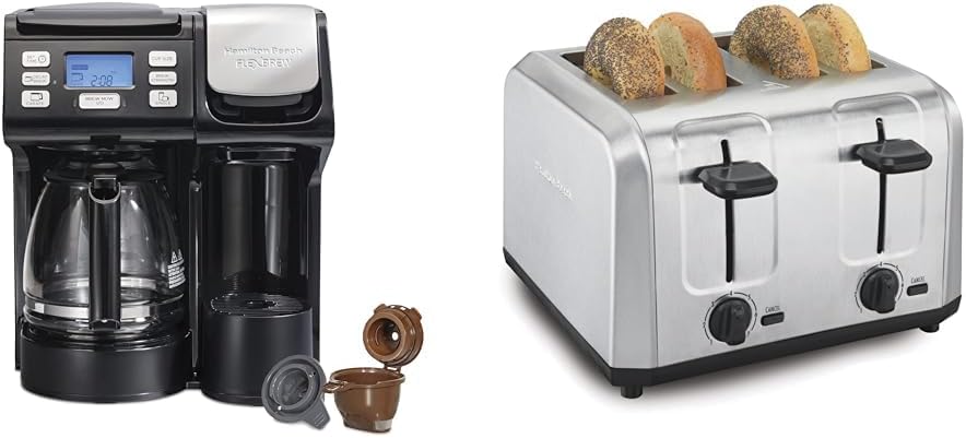 Hamilton Beach FlexBrew Trio Coffee Maker & 4 Slice Toaster with Extra Wide Slots, Shade Selector & Slide-Out Crumb Tray, Stainless Steel