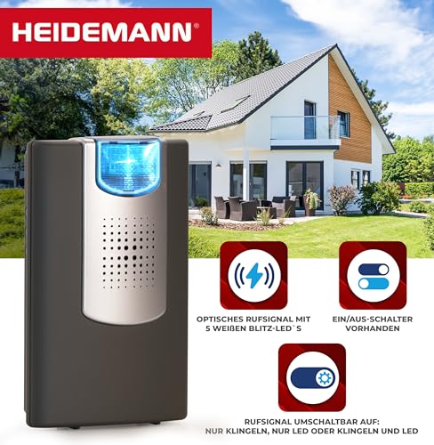 HEIDEMANN Funkempfänger Set HX Flashlight - Erweiterbare Klingel - mit optischem Blitzsignal- Funk Klingel Empfänger - HX Türklingel - schwarz