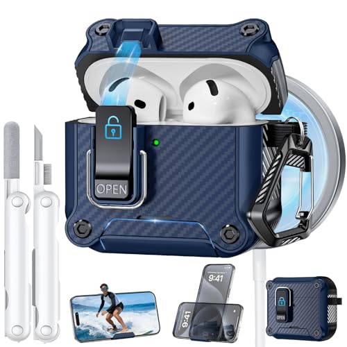 Image of Dual Safety Lock for AirPods 4 Case 2024, Compatible with MagSafe - Designed with Automatic Switch and Phone Stand, Includes a Cleaner & Keychain - Rugged Tough Hard Shell for Apple AirPods 4