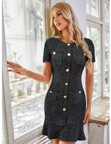 GRACE KARIN Womens Tweed Dress 2025 Summer Short Sleeve Button Bodycon Elegant Work Mini Dress Casual Dresses with Pocket - Image 3