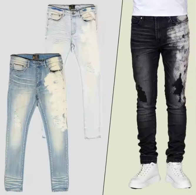 Hip-hop Style Men's Straight-Leg Mid-Rise Slim-fit Jeans with Frayed and Tie-dye Denim Fabric2