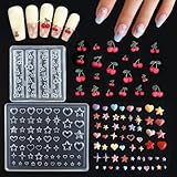 WOKOTO 2 Pcs 3D Nail Art Silicone Nail Molds For Nail Decorations, Stars, Hearts & Cherry DIY Nail Charms Molds Kits, Handmade Carving Templates for Women Manicure Embossed Stencils for Nails