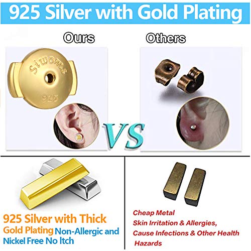 Siwoms 2-Pairs 18K Gold Plated Locking Earring-Back Replacements Secure For Diamond Studs, Hypoallergenic Sterling Silver Backings For Notched Post (0.7～1.0Mm) #TOP4