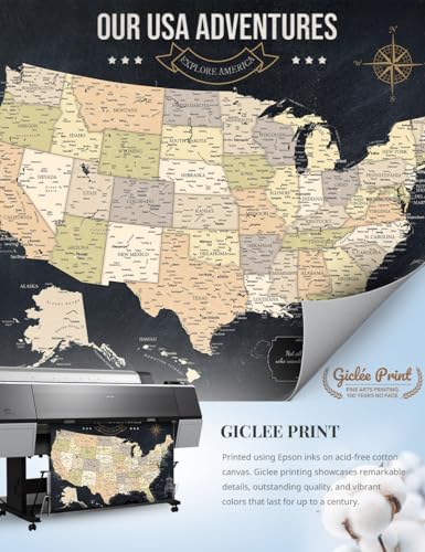 Image of IPIC Canvas USA Map Painting for Wall Decor, Large Pinnable Amerika Travel Map Print, Ready to Hang