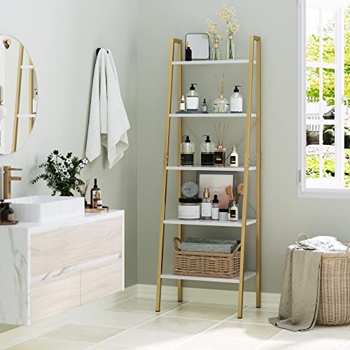 Finetones 5-Tier Ladder Shelf, Gold Bookcase Bookshelf With Metal Frame, Display Shelf Plant Rack Accent Furniture For Home Office, White/Golden #TOP1