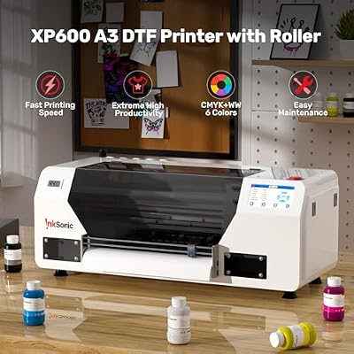 InkSonic White XP600 DTF Printer Bundle, Easy-to-maintain A3 DTF Printer Machine, Direct to Film for DIY T-shirt Printing, White Ink Circulation System with Auto Cleaning, Double speed vs L1800