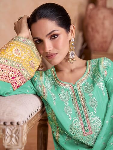 Image of Miss Ethnik Women's Yellow Color Chinon Embroidered Kurta Palazzo Set With Embroidered Dupatta (ME-1140-Yellow)