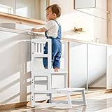 COSYLAND Torre Montessoriana per Bambini 2 in 1 - Torretta Montessoriana con protezione rimovibile, si trasforma in scaletta, capacità 136 kg per cucina/bagno/soggiorno/cameretta (Bianco)
