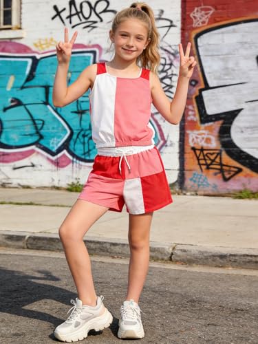 Image of Size 7-14Y Girls Clothes 2 Piece Outfits Striped Tank Top Drawstring Shorts Teen Girls Summer Clothing Sets