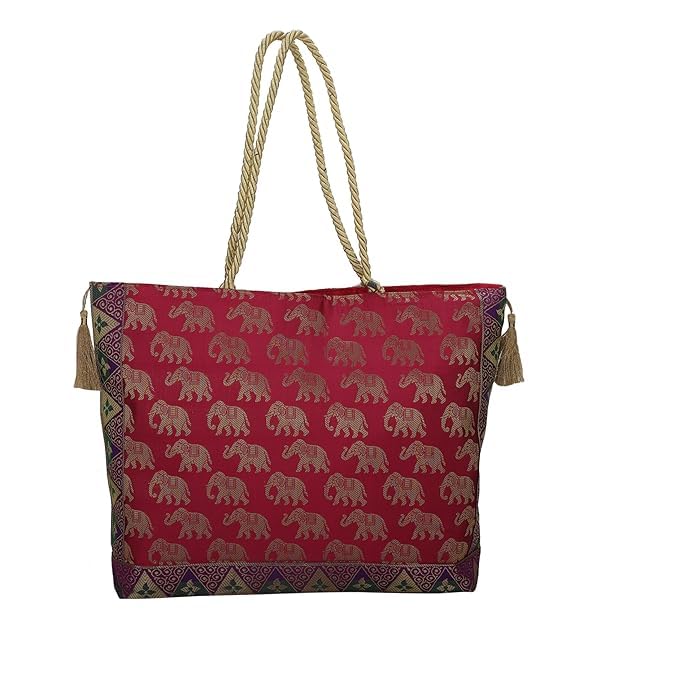 Image of Hand Purse | Traditional Hand Purse | Silk Wallet Hand Bag | Shagun HandPurse | Gifts HandBag | Golden Handle Tote Handbag | Brocade Shoulder Bag | 16 INCH