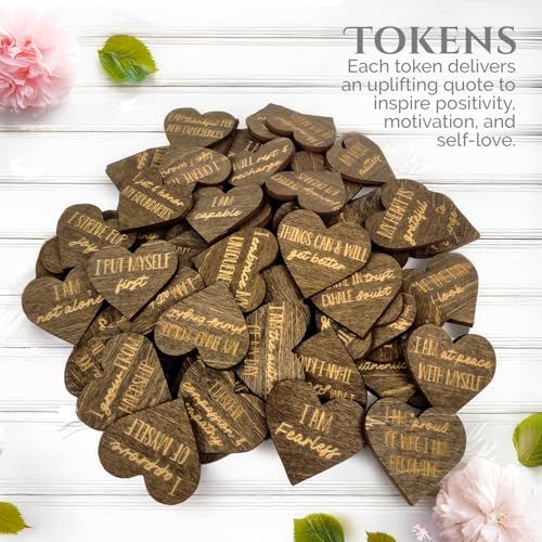 Image of Two Pack of Sunny Lark Positive Affirmation Wood Cutouts | Two Sets of Identical 72 Laser Engraved Hearts with Positive Affirmation Messages | Includes Affirmation Holder | Daily Motivational Gift