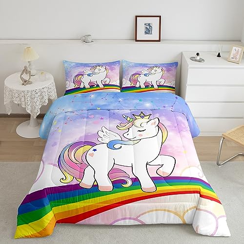 Feelyou Unicorn Bedding Toddler Size for Girls Cute Rainbow Unicorn Comforter Set Kids Constellation Comforter Cartoon Reversible Stars Quilt Set with 1 Pillowcase 2Pcs Bedding