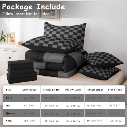 Image of Checkered Retro Comforter Set King Size 7 Pieces Black Grey Plaid Bedding Set for Kids Boys Girls Geometric Vintage Bed in a Bag Modern Simple Groovy Aesthetic Bedroom Decor Quilted Lightweight