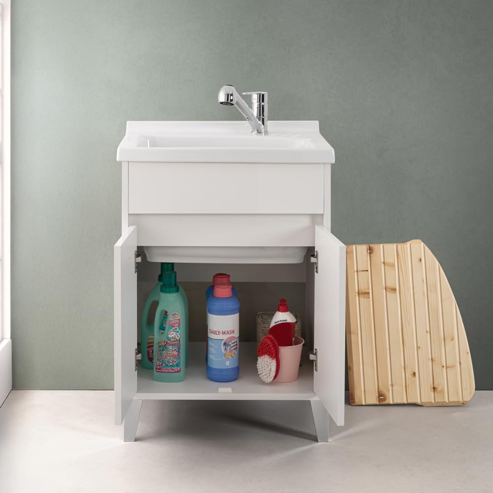 Mobile Lavatoio 60x50 Cm Bianco Lucido Way Con Vasca In Ceramica Dolomite, Struttura Già Montata In Legno Nobilitato Con 2 Ante E Apertura A Gola Asse Non Inclusa