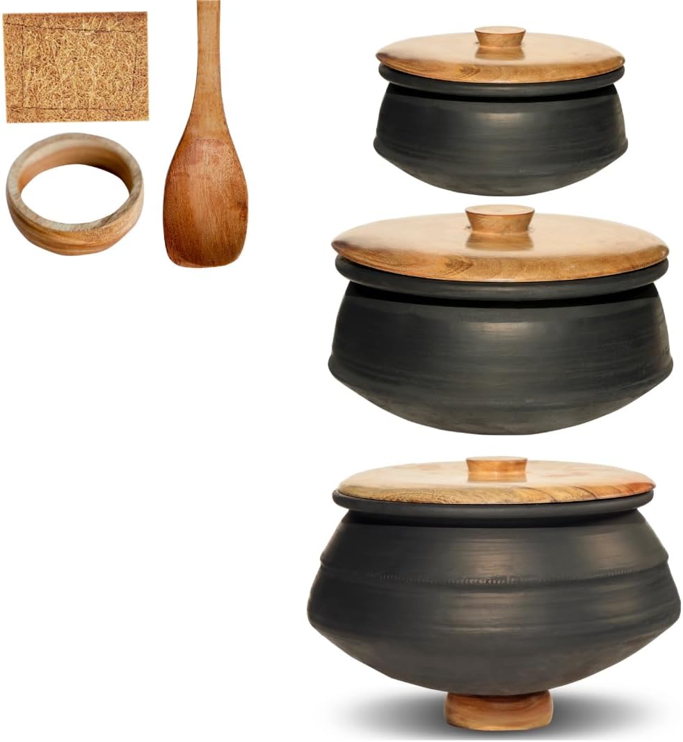 Satvaá Set of 3 Clay Pots for Cooking on Gas with Mangowood Lid (Black Color, Unglazed, 1.5 L/ 2.5 L / 3.5 L) (Free Wooden Spatula, Stand, Natural Scrub) (mitti ke bartan/Mud Pot/Biryani Pot)