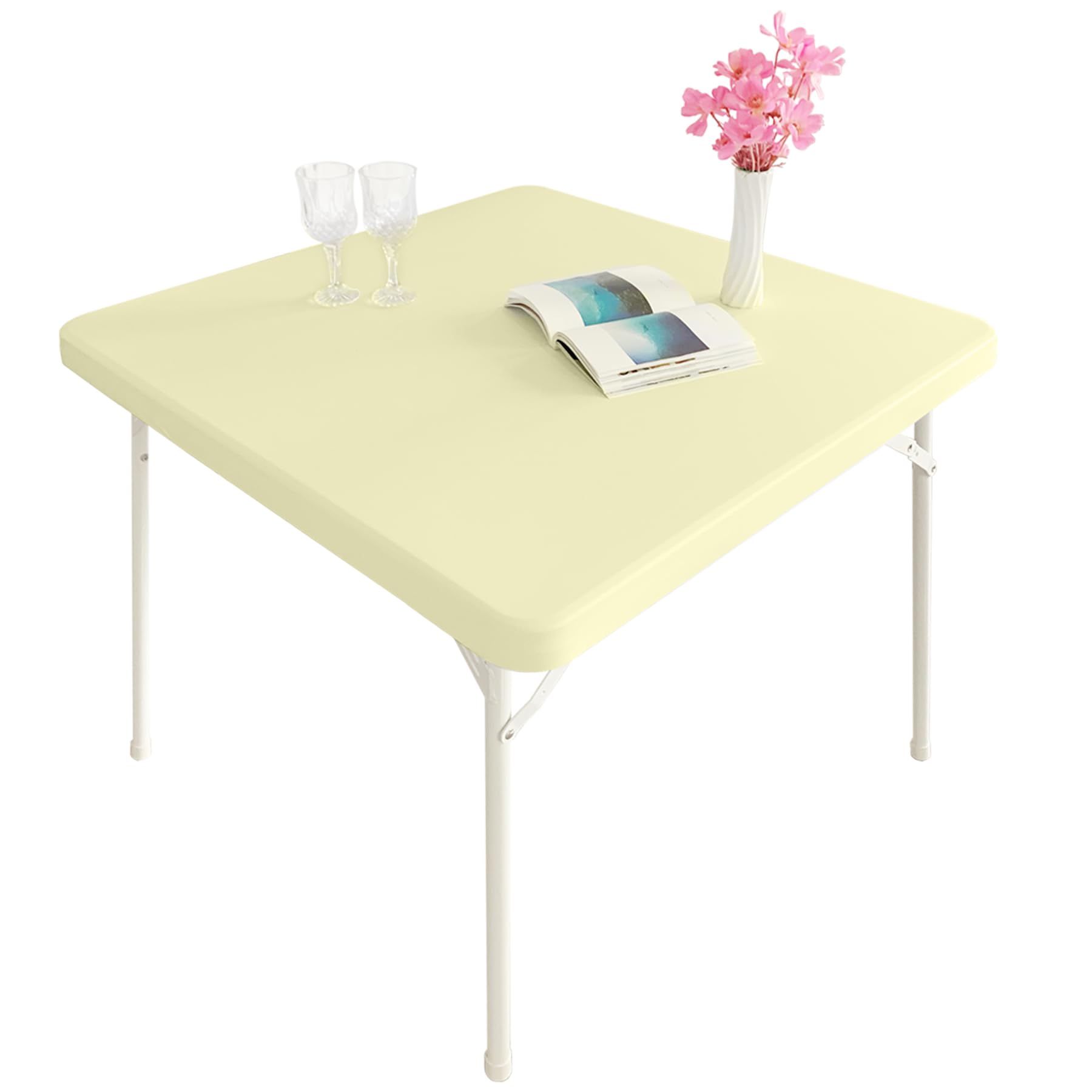 Monibana Cocktail Fitted Spandex Stretch Square Table Covers Caps Elastic Square Tablecloth Beige Table Topper 34x34 Inch — image 1