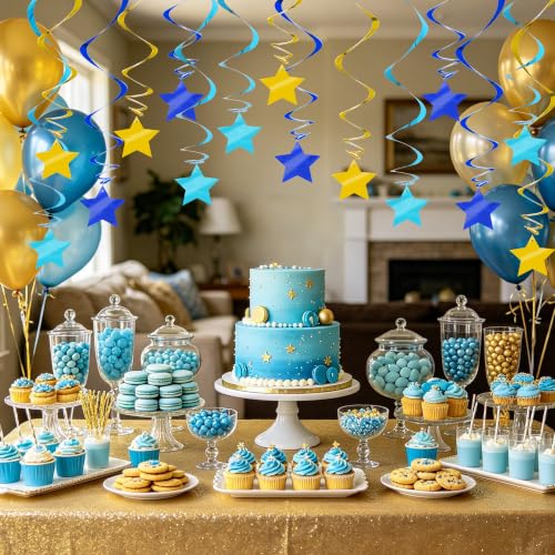Image of BEISHID Blue Gold Stars Hanging Swirls Pre-Strung Stars Hanging Decorations for Baby Shower Retirement Bachelor Men Birthday Graduation Decorations Supplies,Pack of 15